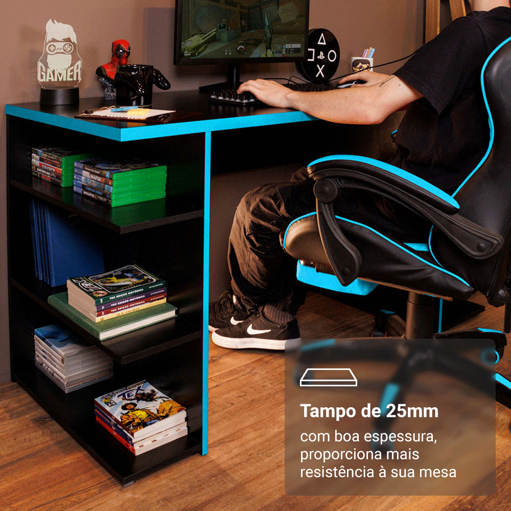 Mesa para Computador Gamer Madesa 9409 Preto/Azul