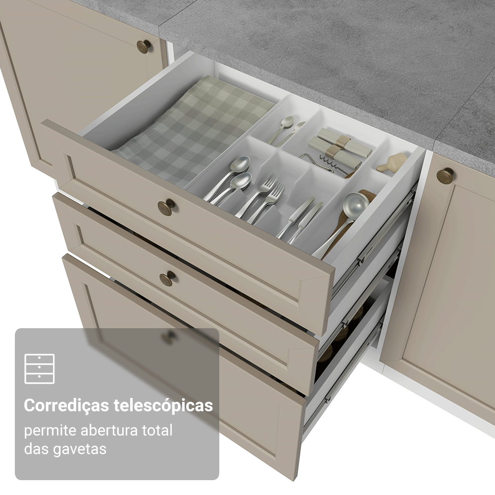 Balcão de Cozinha 60 x 60 cm 3 Gavetas (Com Tampo) Branco/Crema Vik Madesa