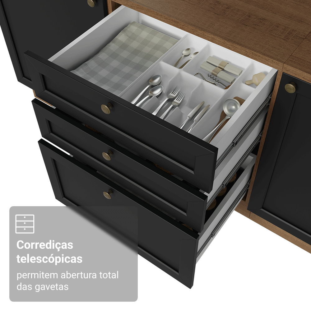 Balcão de Cozinha 60 x 60 cm 3 Gavetas (Sem Tampo) Rustic/Preto Vik Madesa