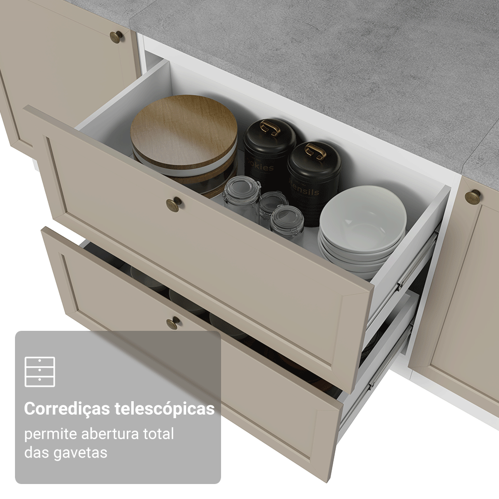 Balcão de Cozinha 80 x 60 cm 2 Gavetas (Com Tampo) Branco/Crema Vik Madesa