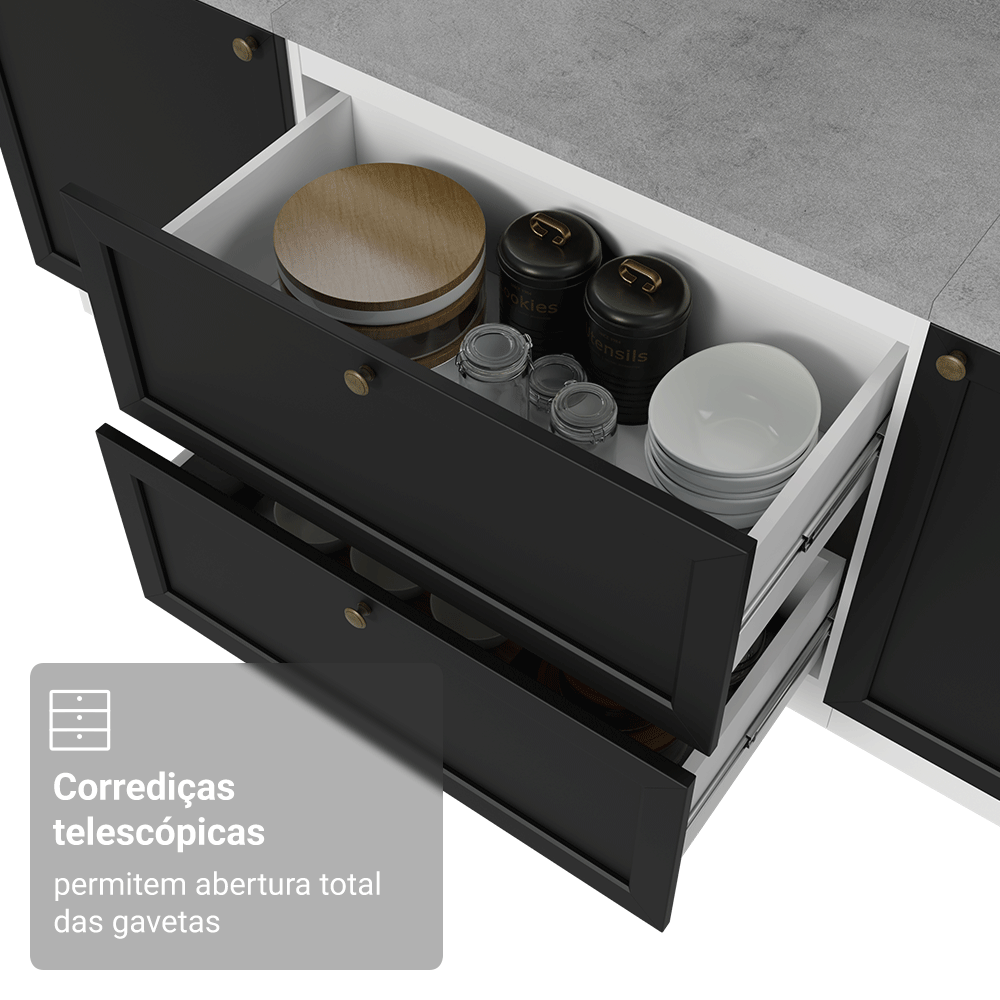 Balcão de Cozinha 80 x 60 cm 2 Gavetas (Com Tampo) Branco/Preto Vik Madesa