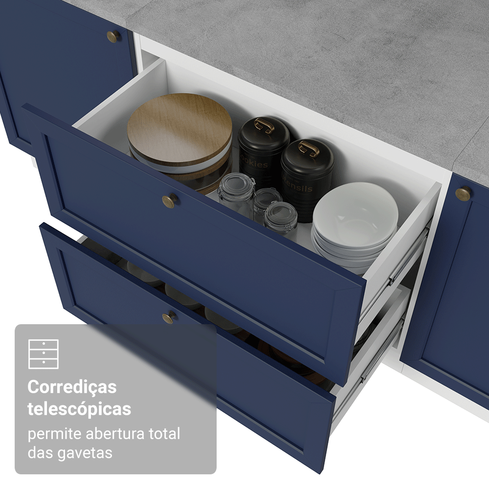 Balcão de Cozinha 80 x 60 cm 2 Gavetas (Com Tampo) Branco/Azul Vik Madesa