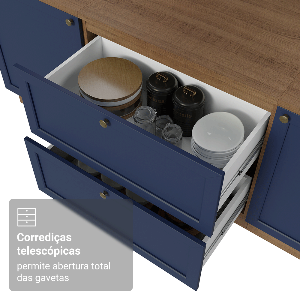 Balcão de Cozinha 80 x 60 cm 2 Gavetas (Sem Tampo) Rustic/Azul Vik Madesa