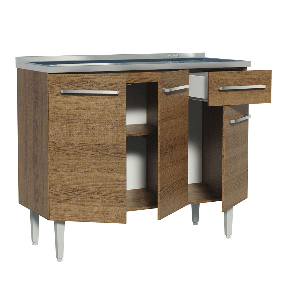 Balcão Gabinete com Pia 3 Portas e 1 Gaveta 105cm Rustic Emilly Madesa