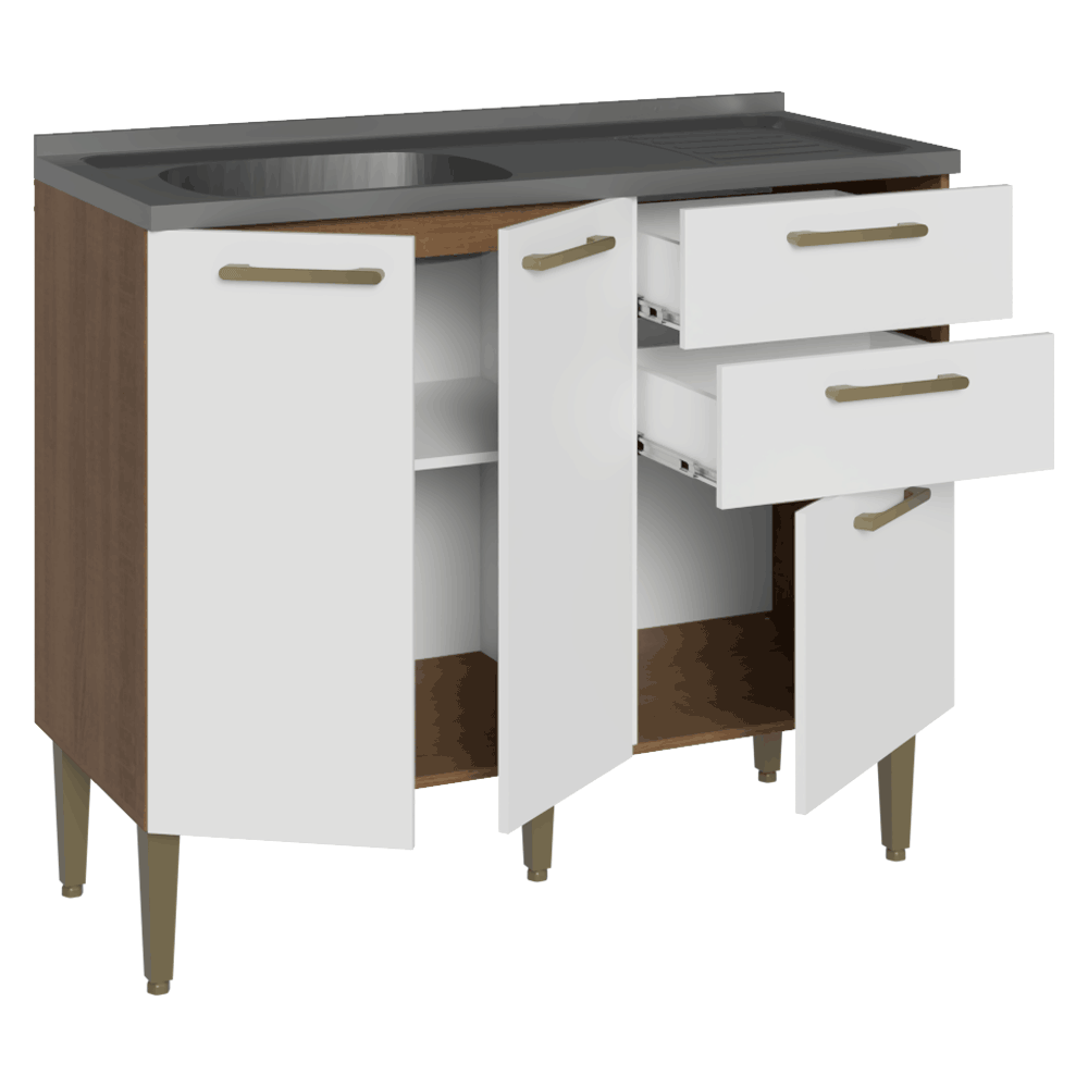 Balcão de Cozinha com Pia 105 cm 3 Portas 2 Gavetas Rustic/Branco Lille Madesa