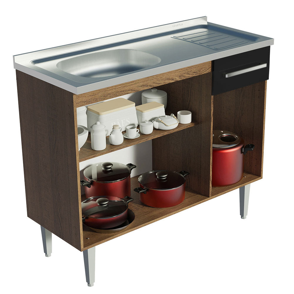 Balcão Gabinete com Pia 3 Portas e 1 Gaveta 105cm Rustic/Preto Emilly Madesa