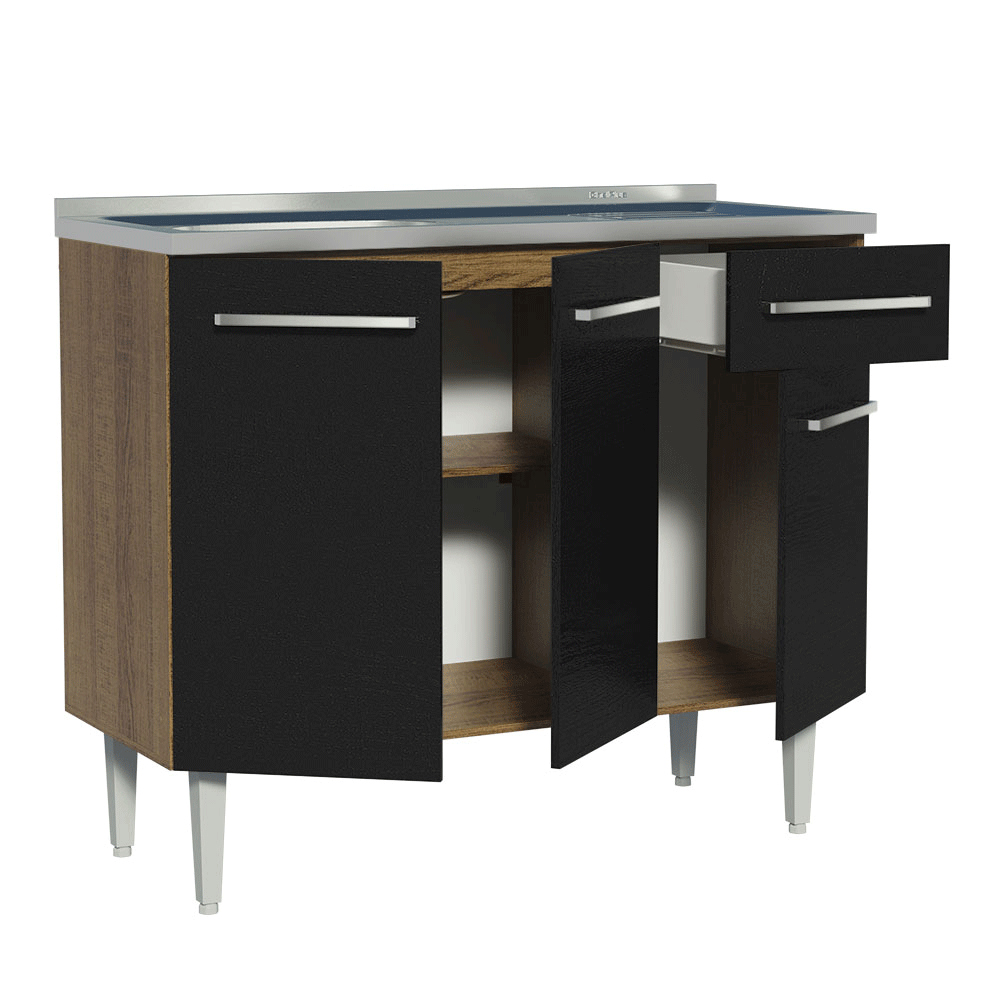 Balcão Gabinete com Pia 3 Portas e 1 Gaveta 105cm Rustic/Preto Emilly Madesa