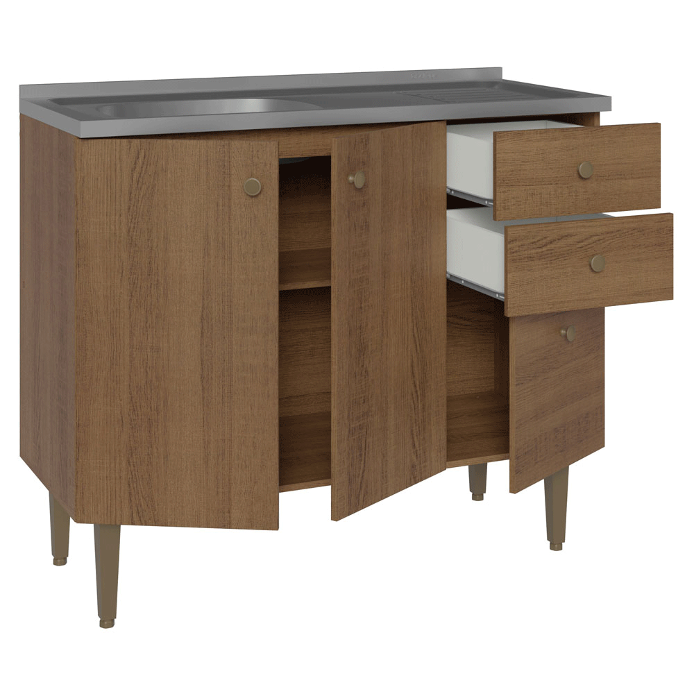 Balcão Gabinete com Pia 3 Portas e 2 Gavetas 105cm Rustic Gourmet Madesa