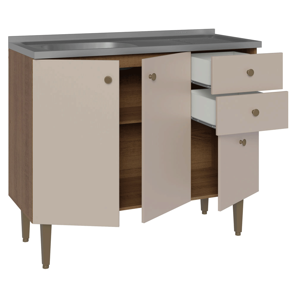 Balcão Gabinete com Pia 3 Portas e 2 Gavetas 105cm Rustic/Crema Gourmet Madesa