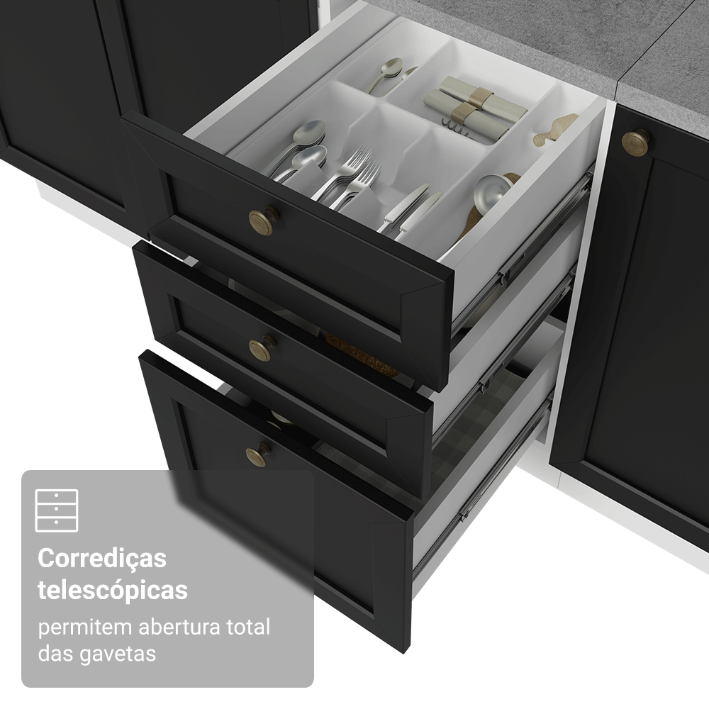 Balcão de Pia 120 cm 2 Portas 3 Gavetas (Sem Tampo) Branco/Preto Vik Madesa