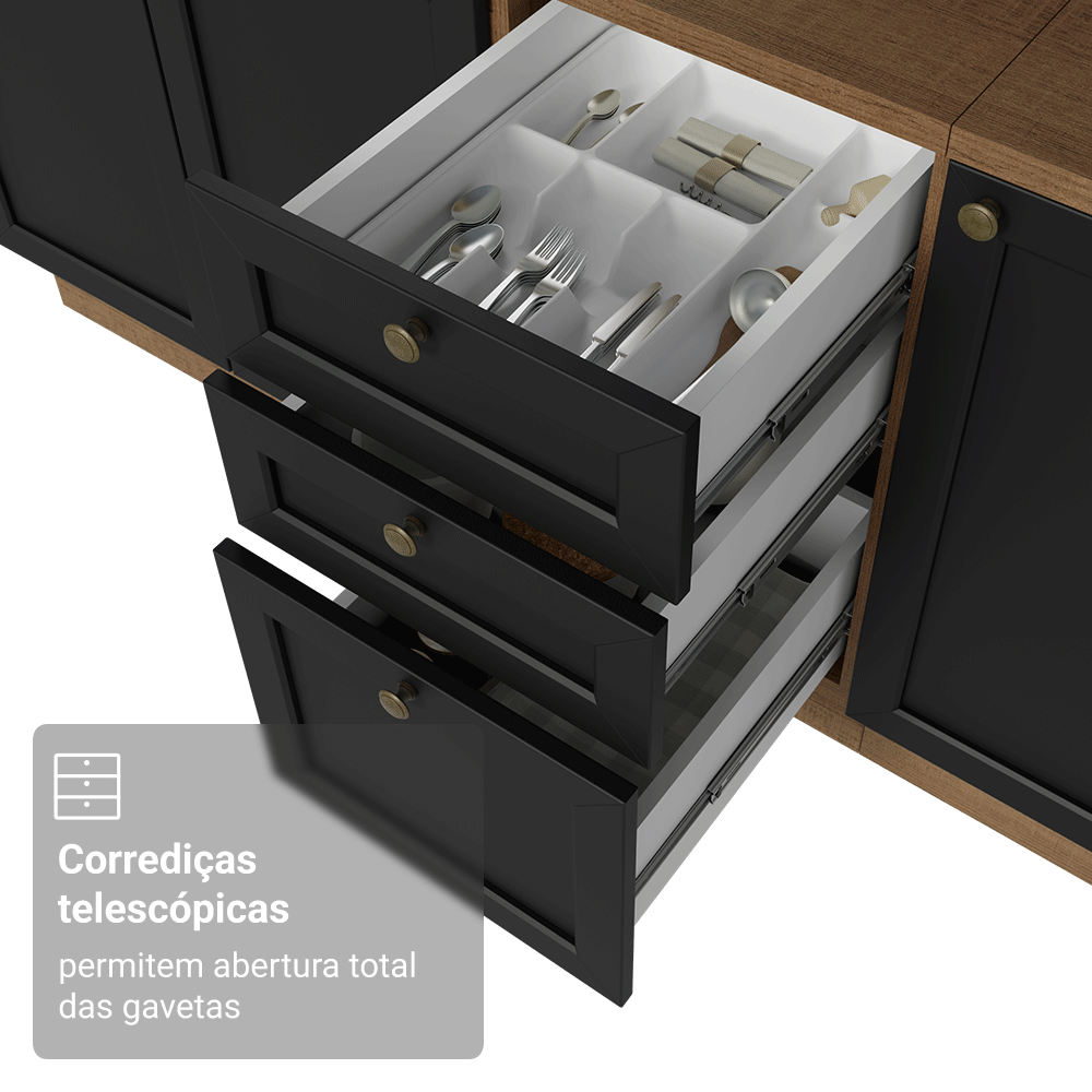 Balcão de Cozinha 120 cm 2 Portas 3 Gavetas Rustic/Preto Vik Madesa