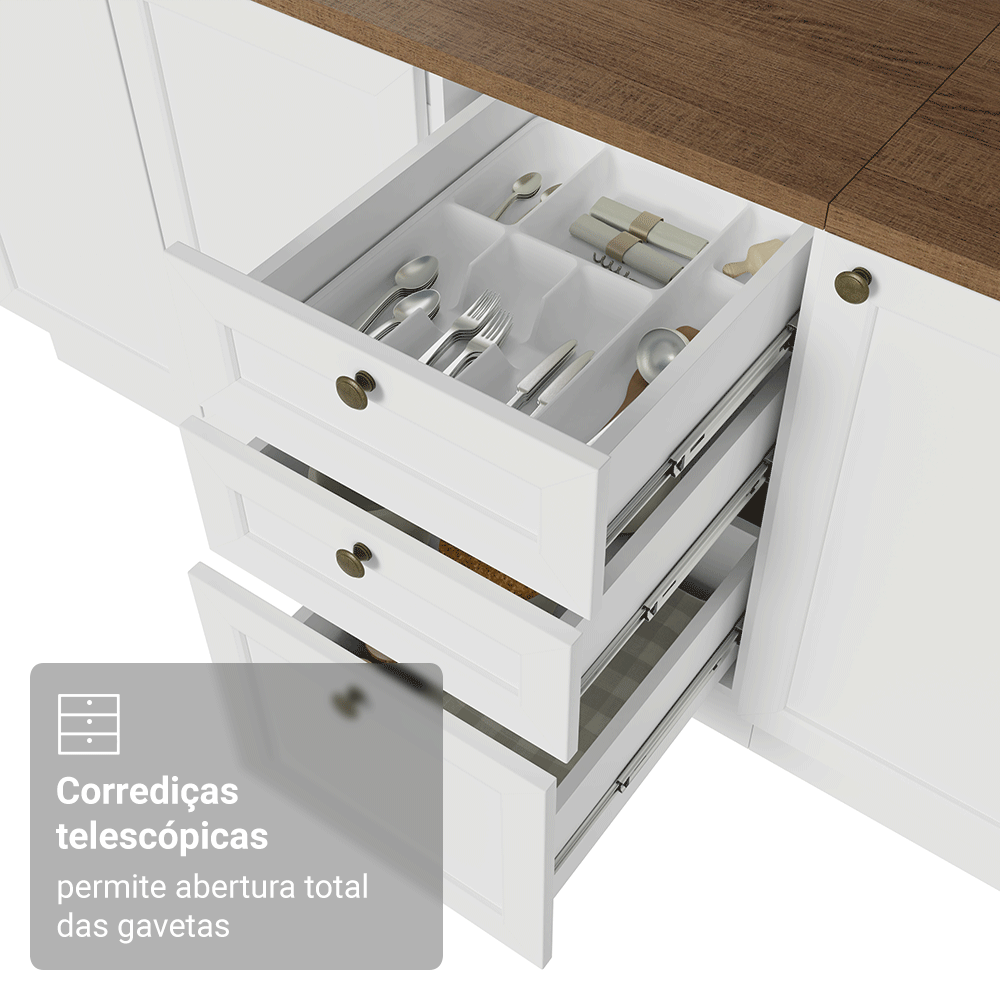 Balcão de Cozinha 120 cm 2 Portas 3 Gavetas Branco Tampo Rustic Vik Madesa