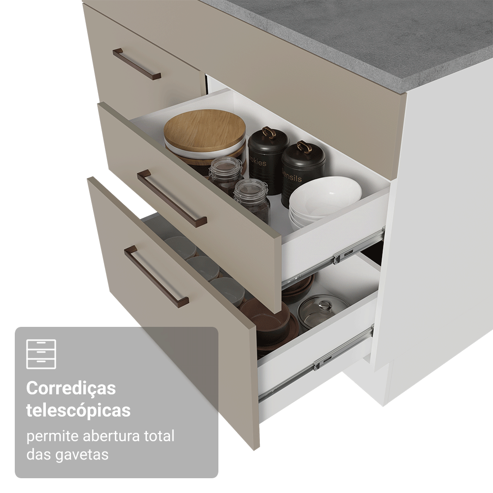 Balcão Gabinete 150 cm 2 Gavetas 2 Portas (Com Tampo) Branco/Crema Agata Madesa