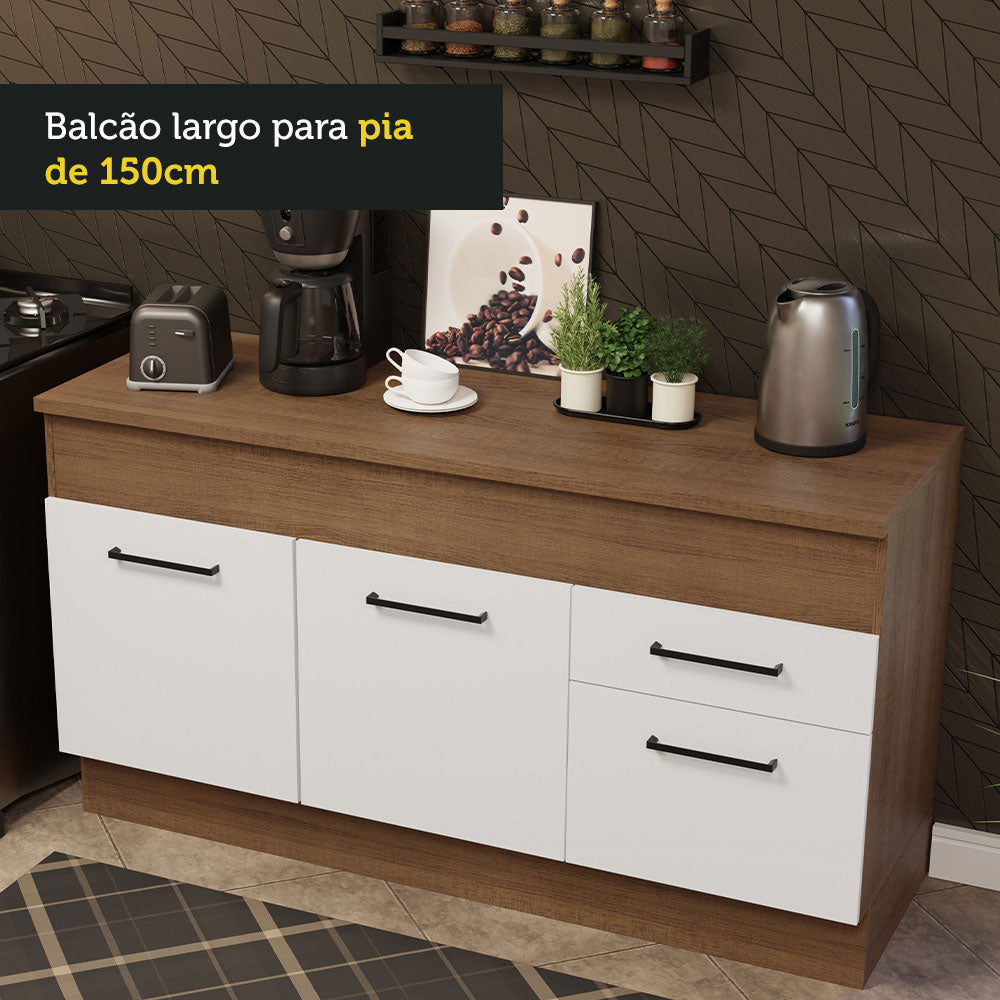 Balcão Madesa Agata 150 cm 2 Portas e 2 Gavetas (Com Tampo) Rustic/Branco