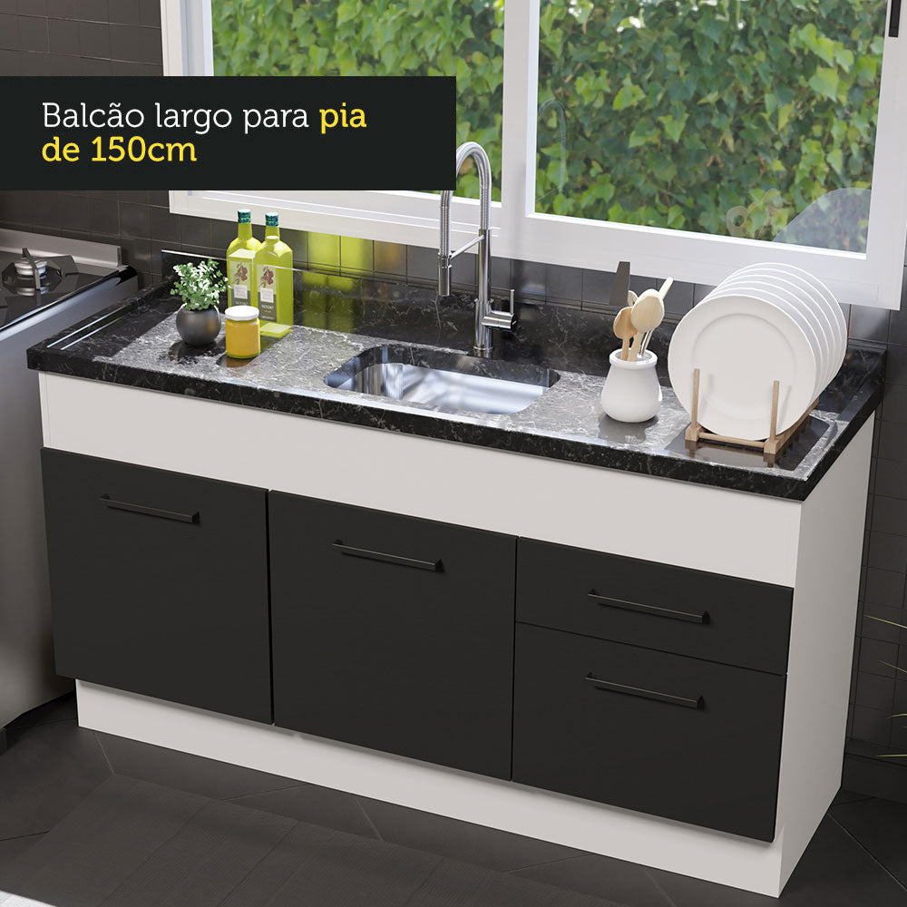 Balcão de Pia Madesa Agata 150 cm 2 Portas e 2 Gavetas (Sem Tampo e Pia) Branco/Preto