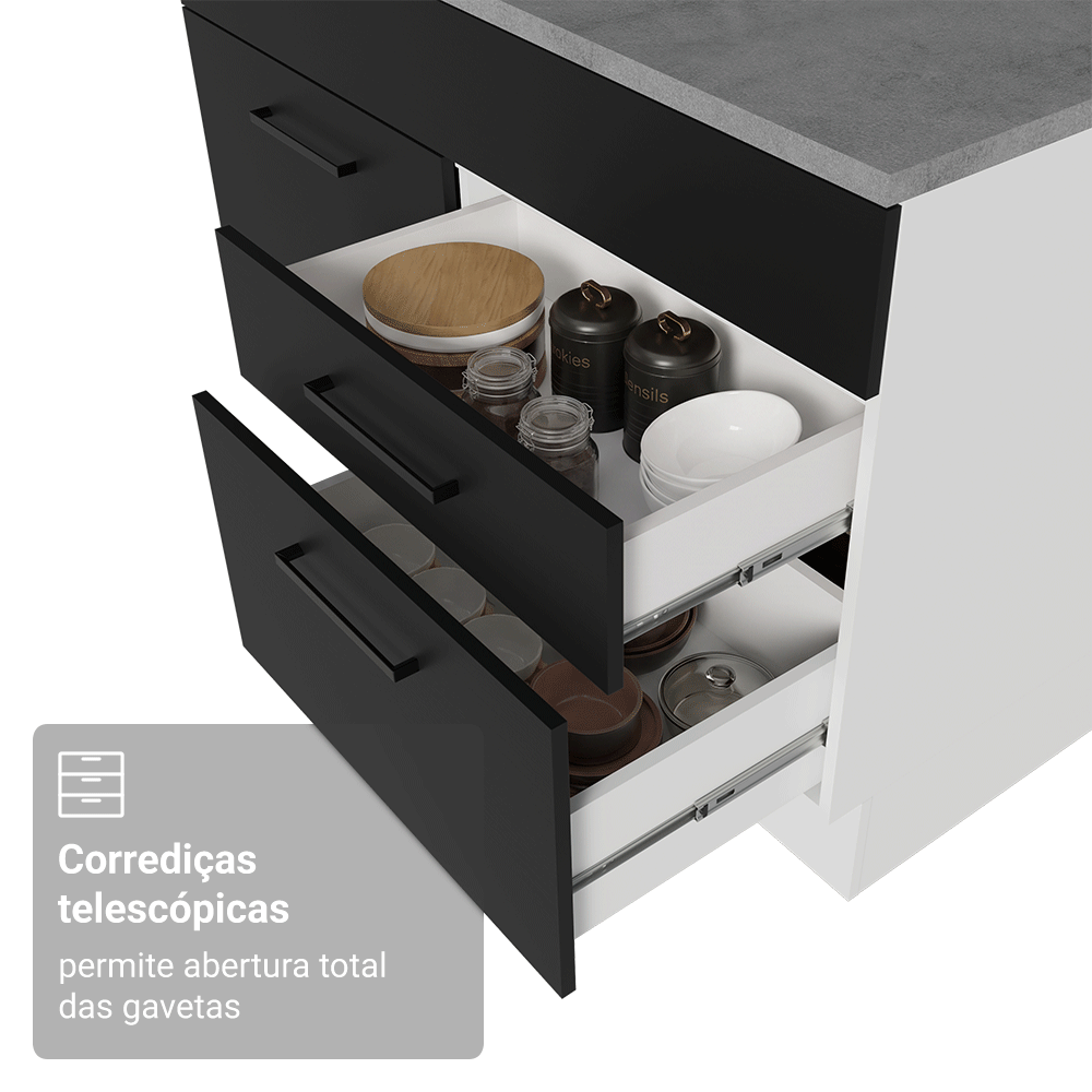 Balcão Gabinete de Pia Madesa Agata 150 cm 2 Portas e 2 Gavetas (Sem Tampo e Pia) Branco/Preto