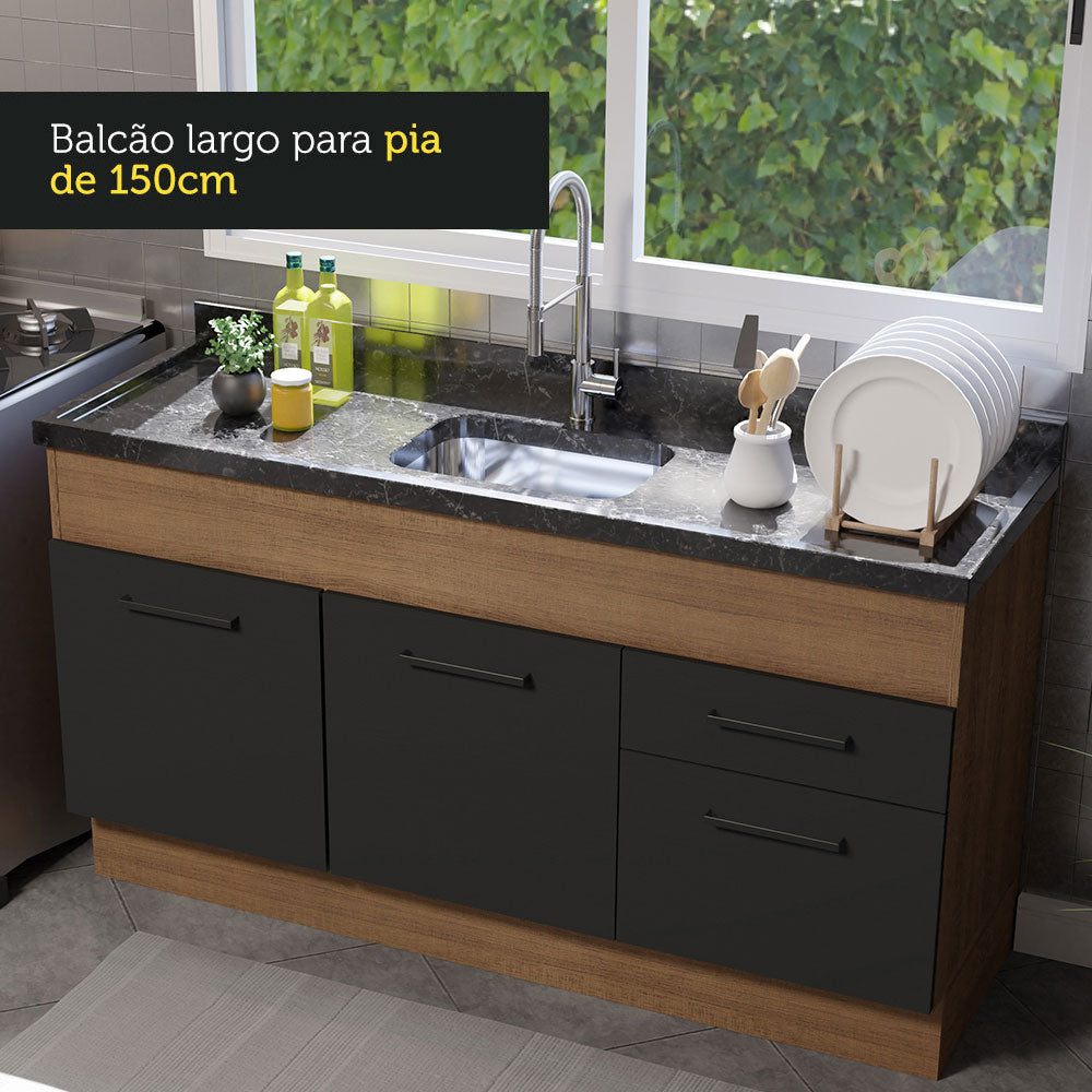 Balcão de Pia Madesa Agata 150 cm 2 Portas e 2 Gavetas (Sem Tampo e Pia) Rustic/Preto