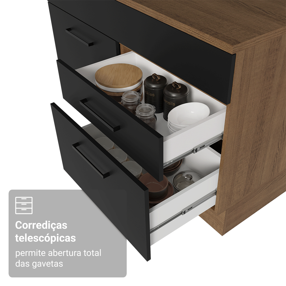 Balcão Gabinete Madesa Agata 150 cm 2 Gavetas 2 Portas (Com Tampo) Rustic/Preto