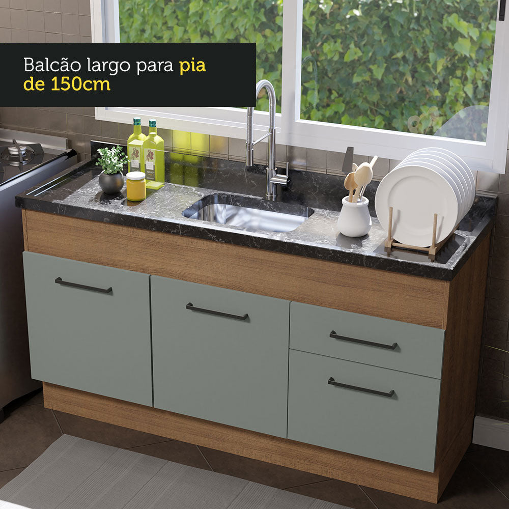 Balcão de Pia Madesa Agata 150 cm 2 Portas e 2 Gavetas (Sem Tampo e Pia) Rustic/Cinza