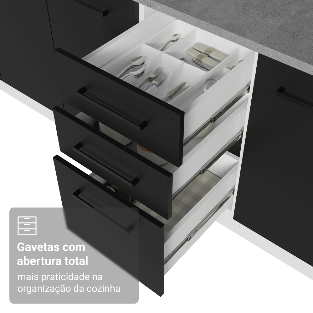 Balcão de Cozinha 40 cm 3 Gavetas (Sem Tampo) Branco/Preto Agata Madesa