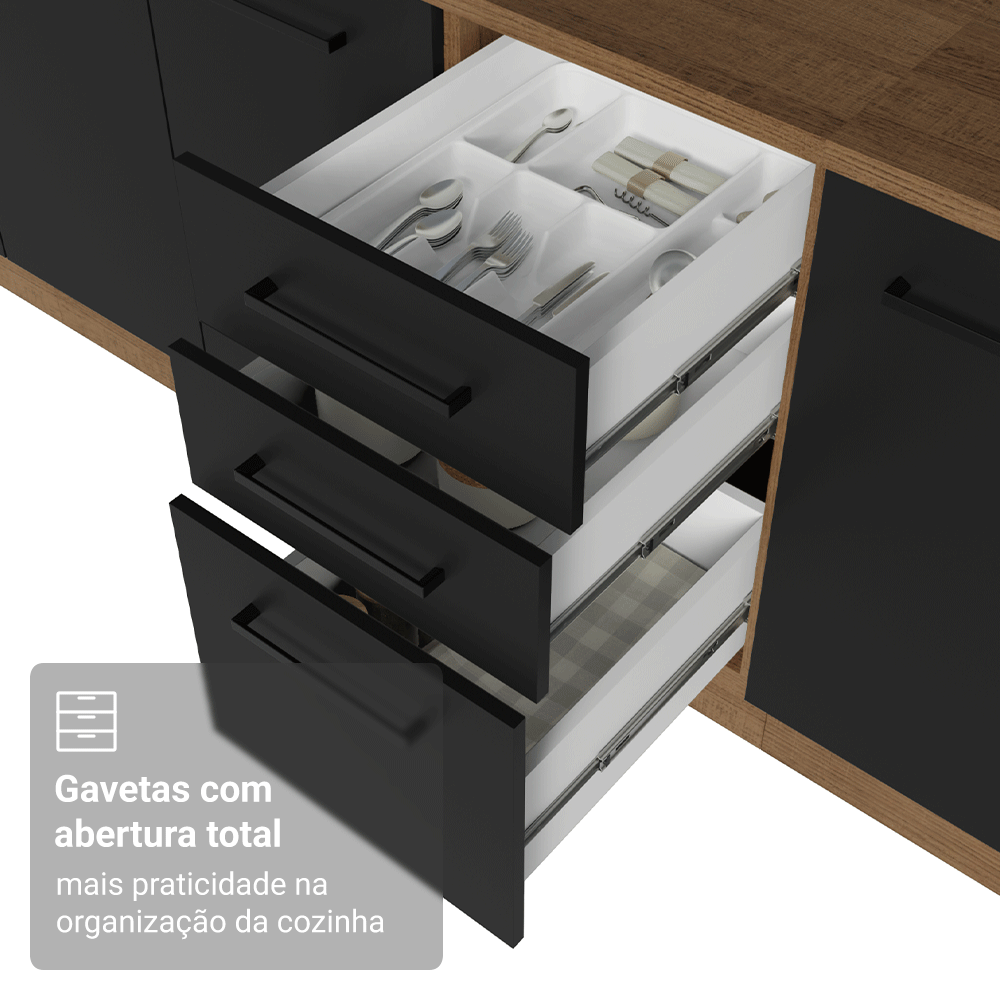 Balcão de Cozinha 40 cm 3 Gavetas (Sem Tampo) Rustic/Preto Agata Madesa