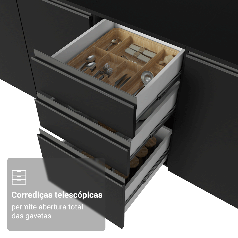 Balcão de Cozinha 40 cm 3 Gavetas Suspenso Preto Nice Madesa