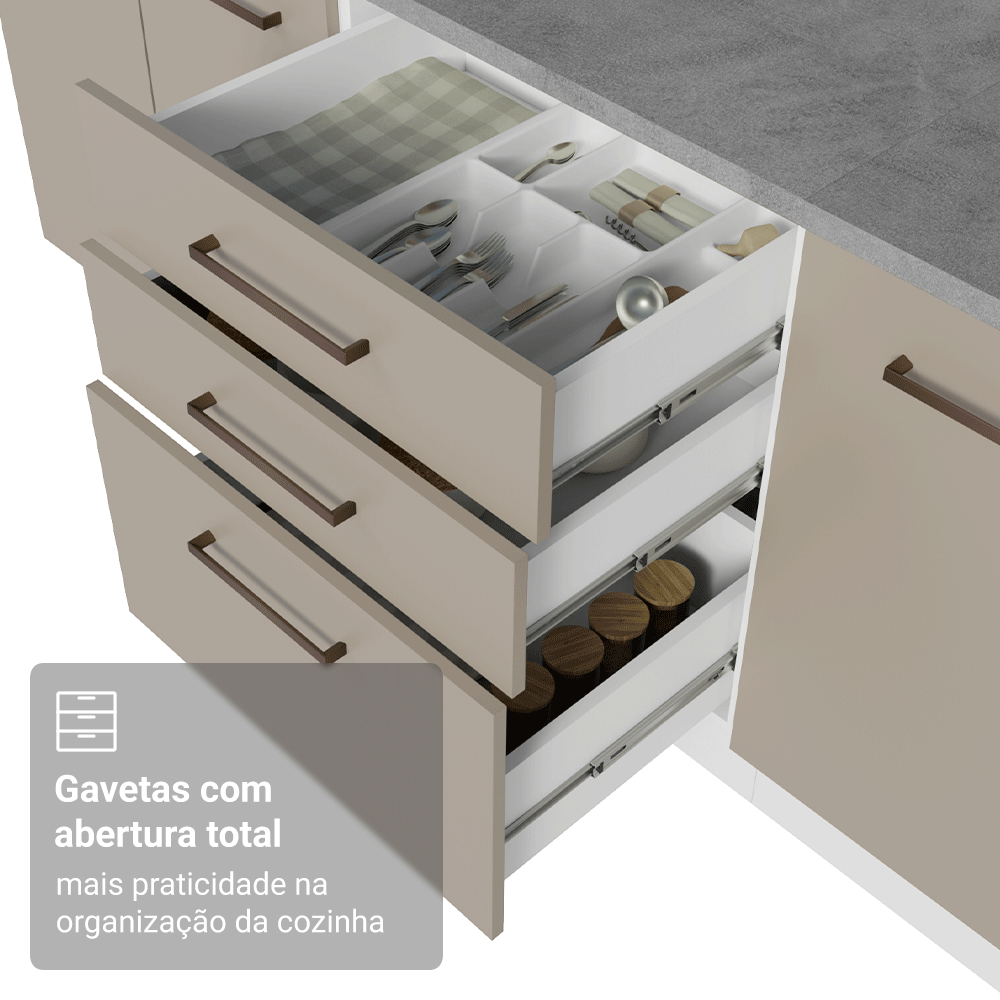 Balcão de Cozinha 60 cm 3 Gavetas (Sem Tampo) Branco/Crema Agata Madesa