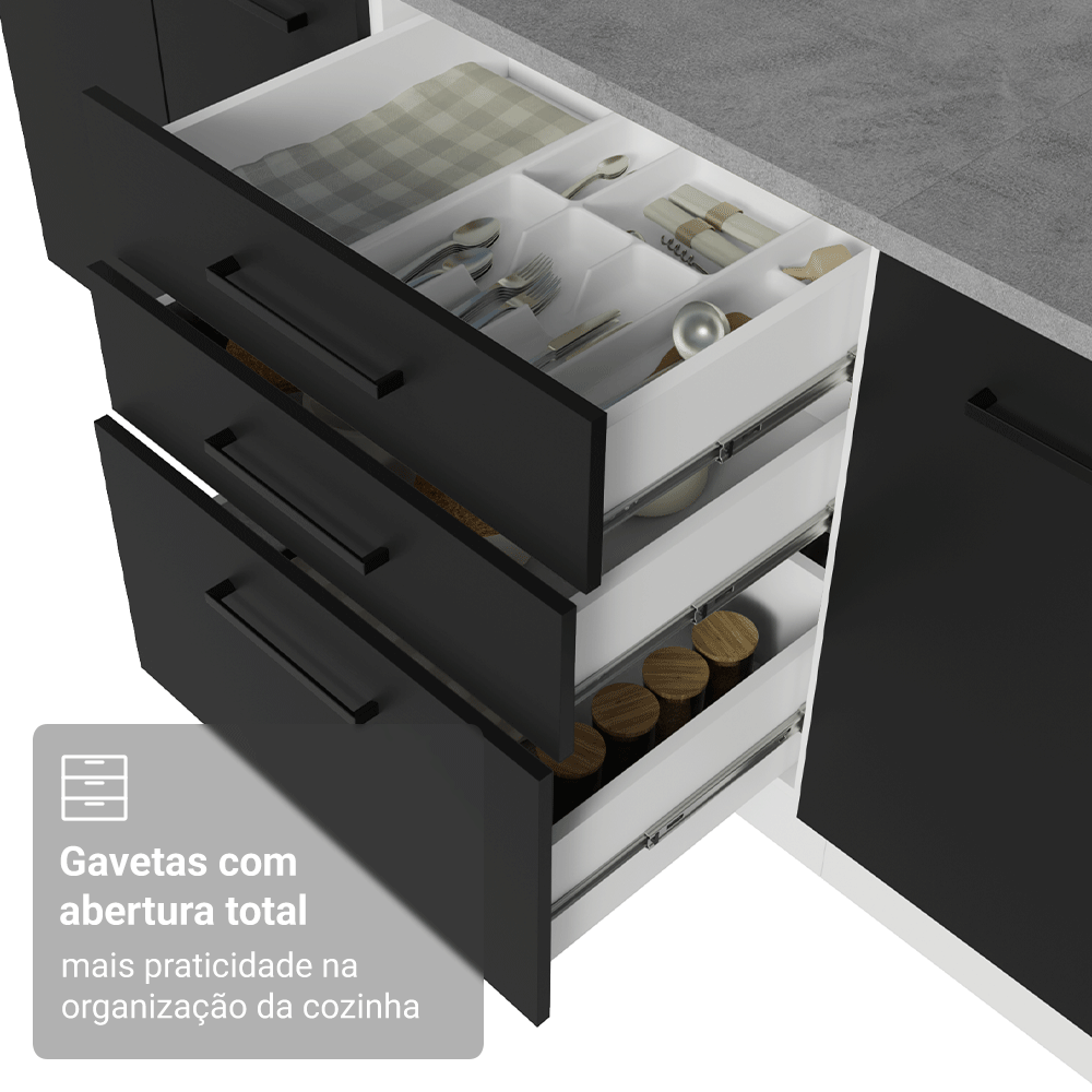Balcão de Cozinha 60 cm 3 Gavetas (Sem Tampo) Branco/Preto Agata Madesa