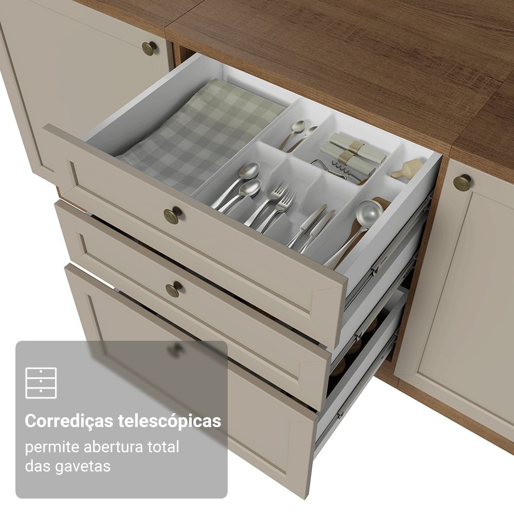 Balcão de Cozinha 60 cm 3 Gavetas Rustic/Crema Vik Madesa