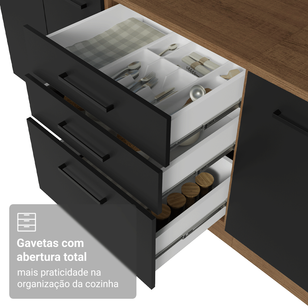 Balcão de Cozinha 60 cm 3 Gavetas (Sem Tampo) Rustic/Preto Agata Madesa