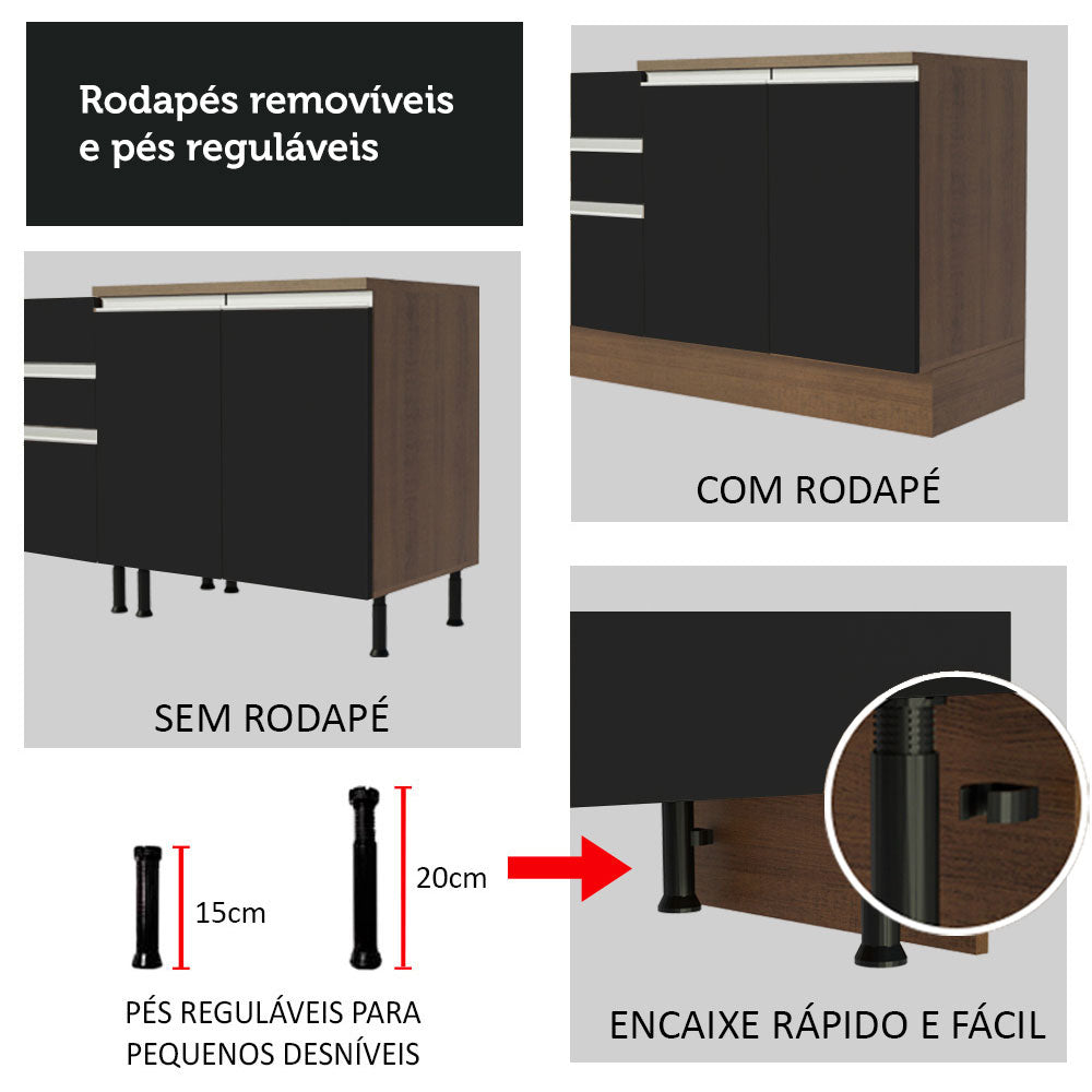 Balcão de Cozinha Madesa Glamy 70 cm 2 Portas Rustic/Preto