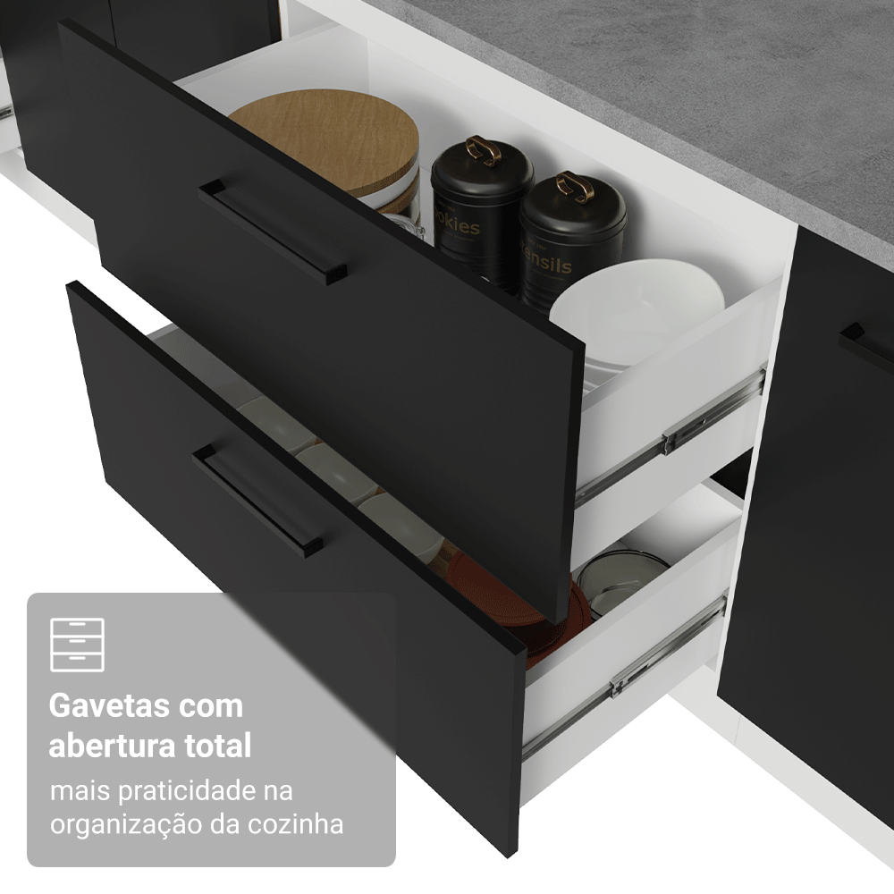 Balcão de Cozinha 80 cm 2 Gavetas (Sem Tampo) Branco/Preto Agata Madesa