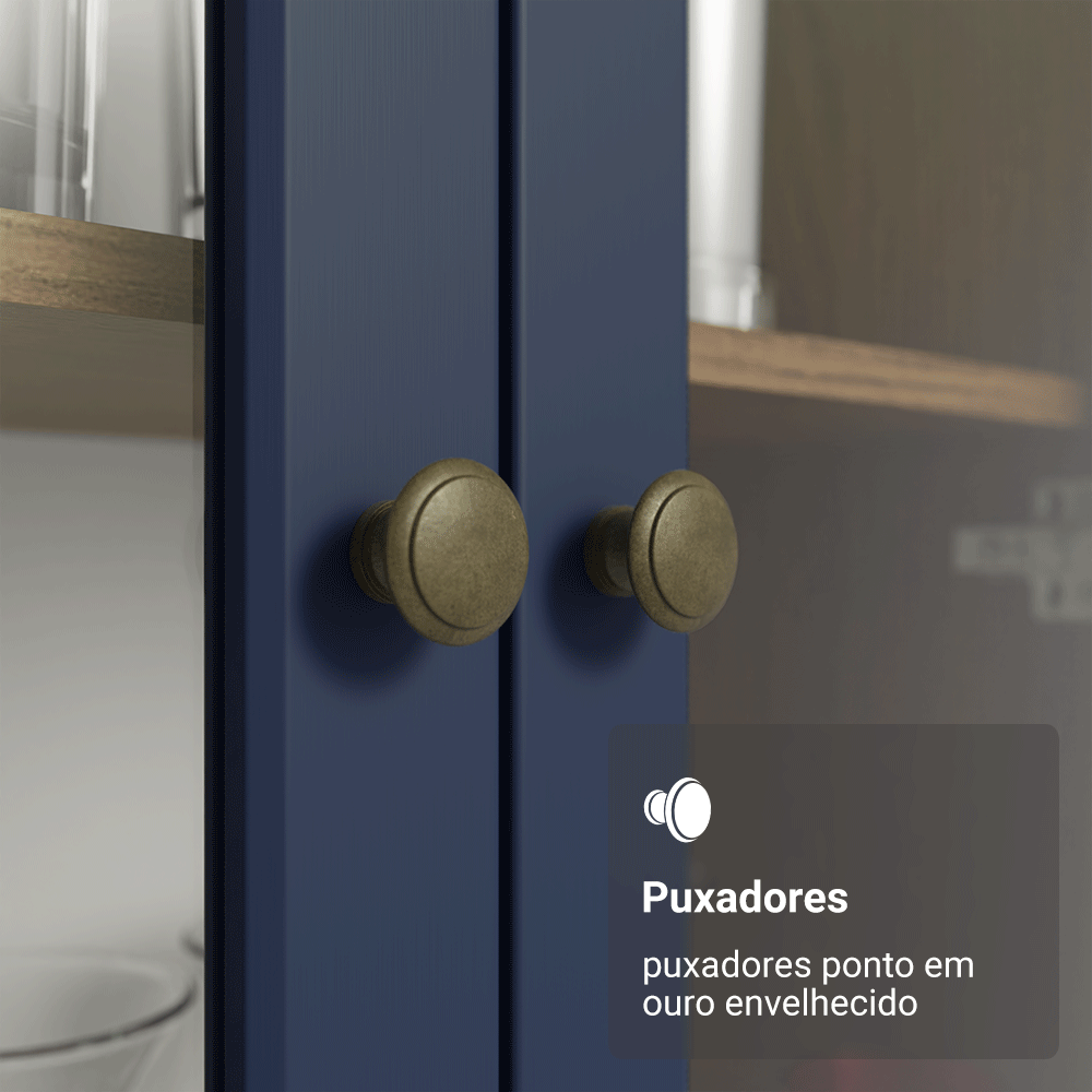 Cristaleira 70 cm 2 Portas de Vidro com Pés Trapézio Rustic/Azul/Rustic Vik Madesa