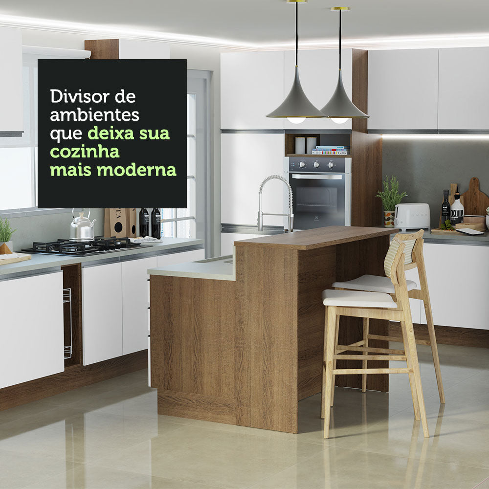 Ilha de Cozinha com Bancada e Balcão 120 cm Rustic/Branco Glamy Madesa