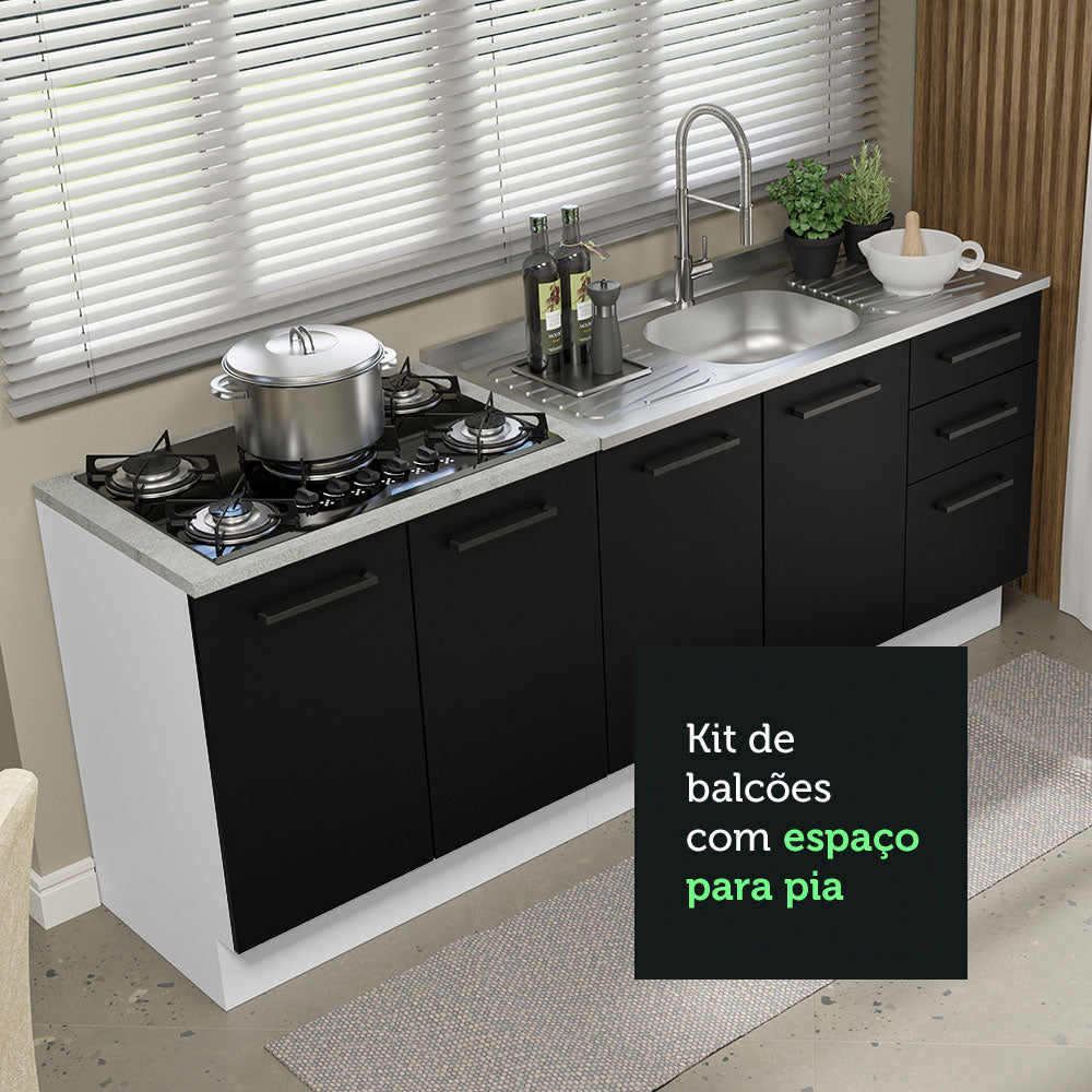 Kit com 2 Balcões de Cozinha Madesa Agata 3 Gavetas 4 Portas (Sem Tampo e Pia) Branco/Preto