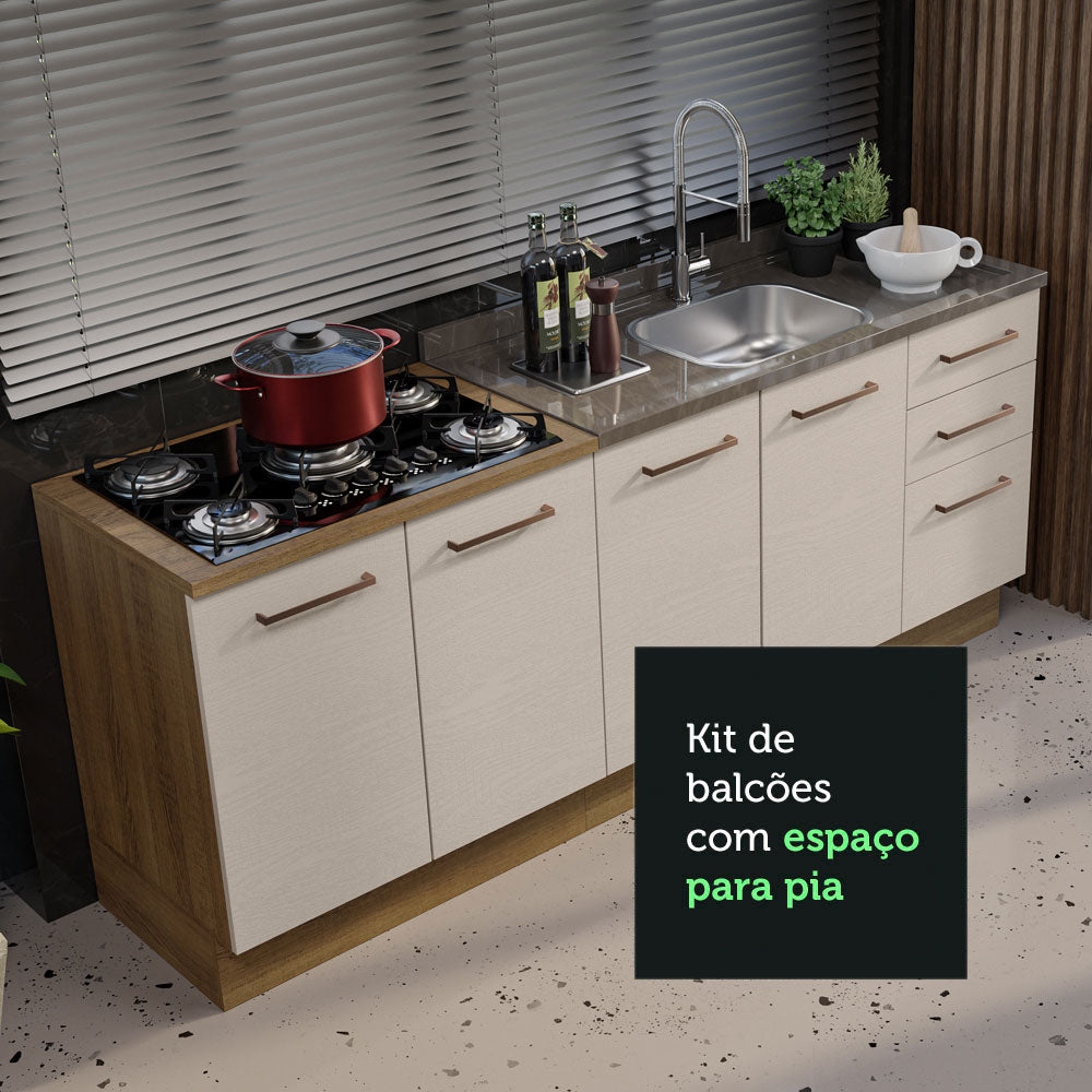 Kit com 2 Balcões de Cozinha 3 Gavetas 4 Portas (Sem Tampo e Pia) Rustic/Crema Agata Madesa