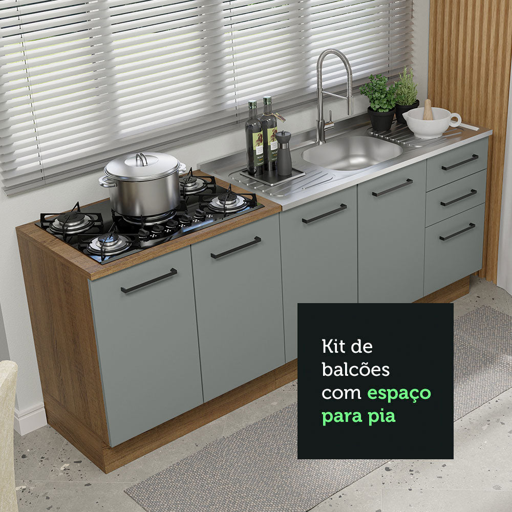 Kit com 2 Balcões de Cozinha Madesa Agata 3 Gavetas 4 Portas (Sem Tampo e Pia) Rustic/Cinza