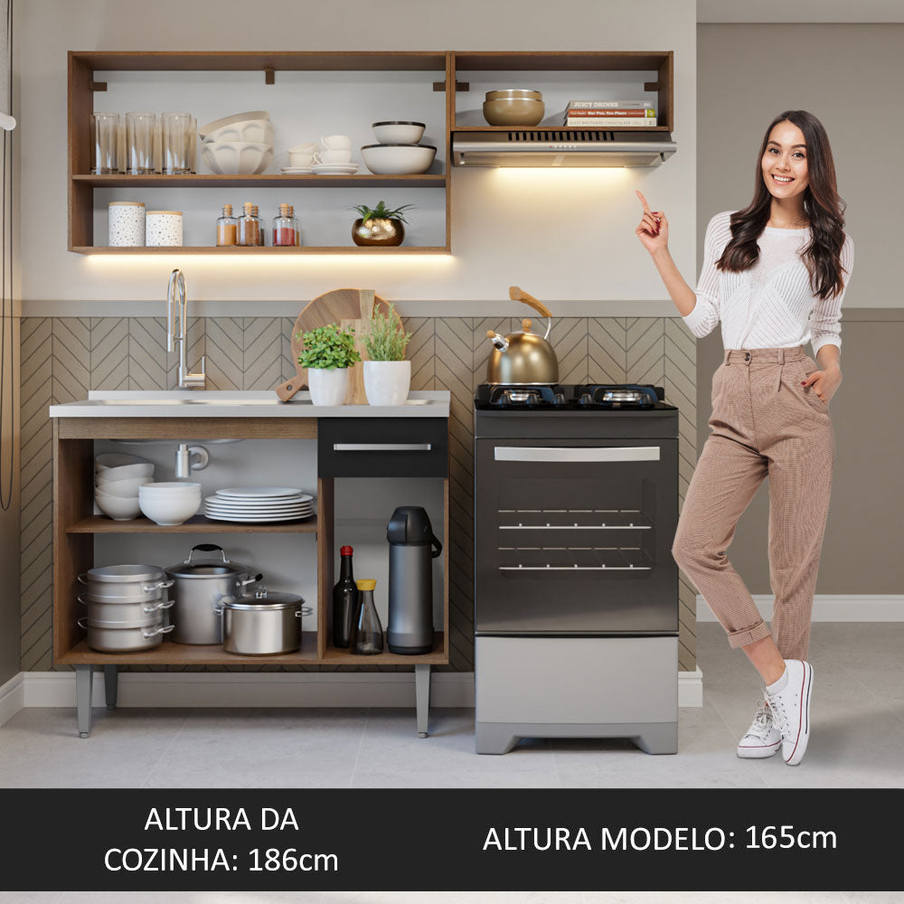 Armário de Cozinha Compacta 165cm com Pia Rustic/Preto Emilly Madesa 09