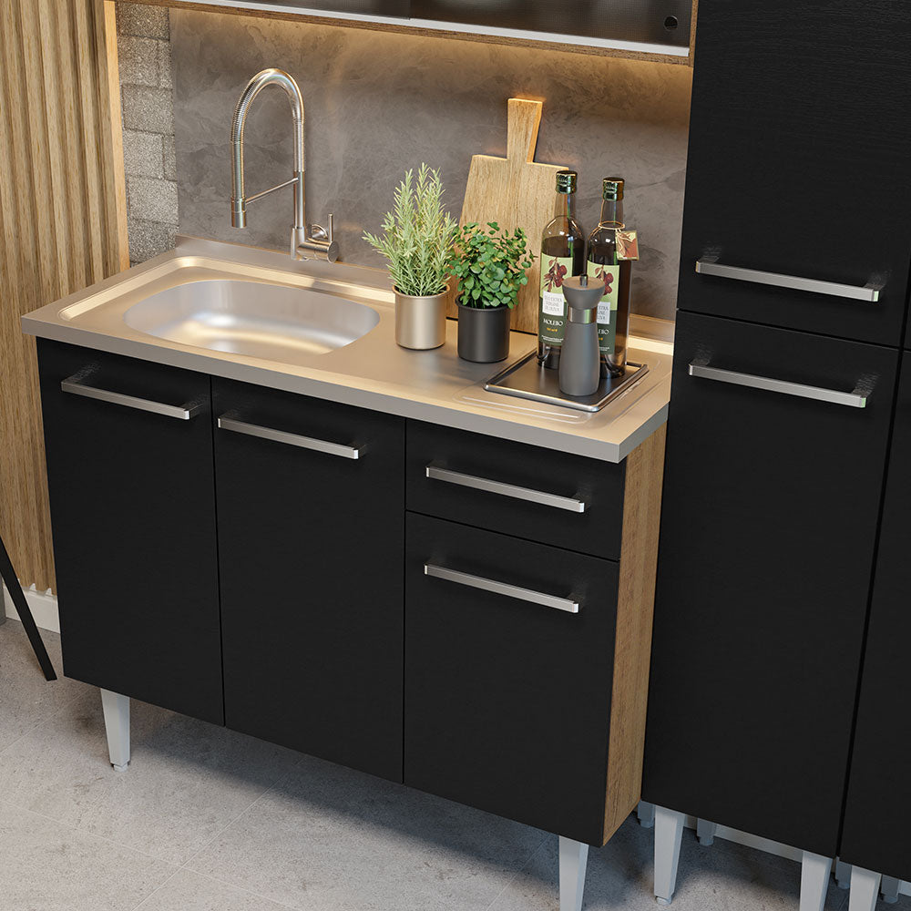 Armário de Cozinha Compacta 169cm com Pia Rustic/Preto Emilly Madesa 11
