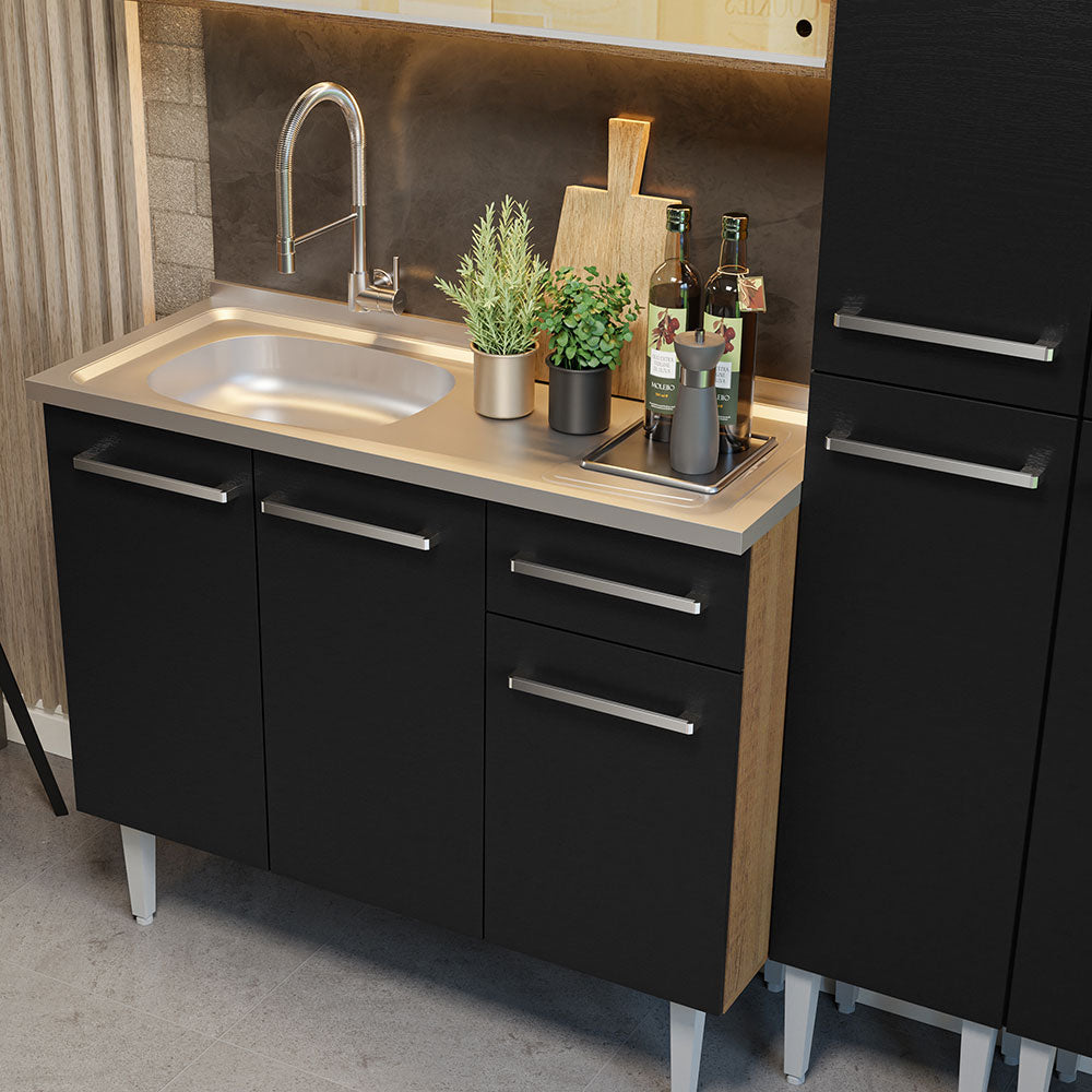 Armário de Cozinha Compacta 169cm com Pia Rustic/Preto Emilly Madesa 12