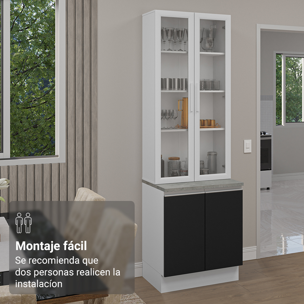 Kit Balcão + Cristaleira 70cm Branco/Preto Glamy Madesa 01