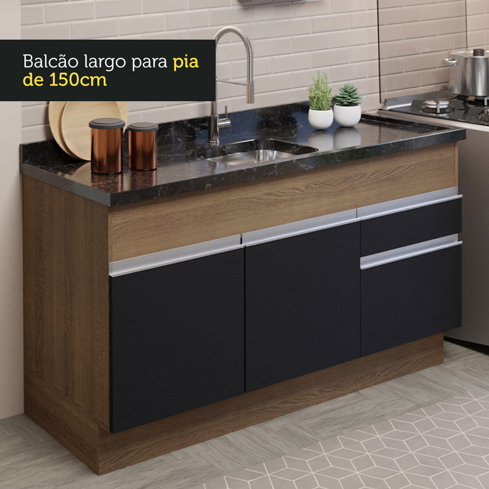 Armário de Cozinha Compacta 150cm Rustic/Preto Glamy Madesa 02
