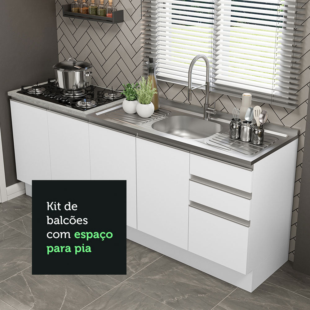 Kit com 2 Balcões de Cozinha Madesa Glamy 4 Portas 3 Gavetas (Sem Tampo e Pia) Branco Branco