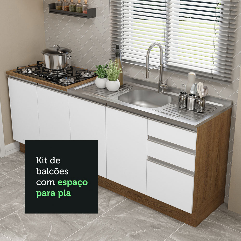 Kit com 2 Balcões de Cozinha Madesa Glamy 4 Portas 3 Gavetas (Sem Tampo e Pia) Rustic/Branco Rustic/Branco