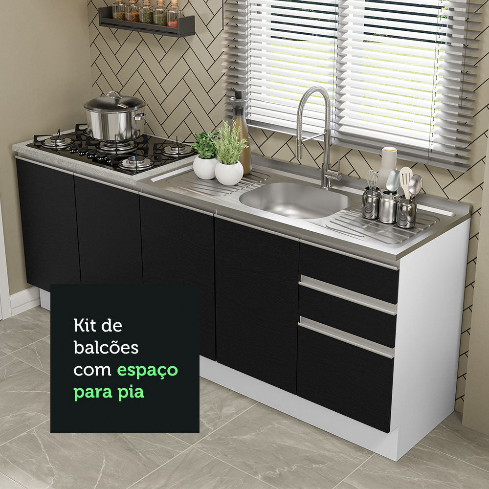 Kit com 2 Balcões de Cozinha Madesa Glamy 4 Portas 3 Gavetas (Sem Tampo e Pia) Branco/Preto Branco/Preto