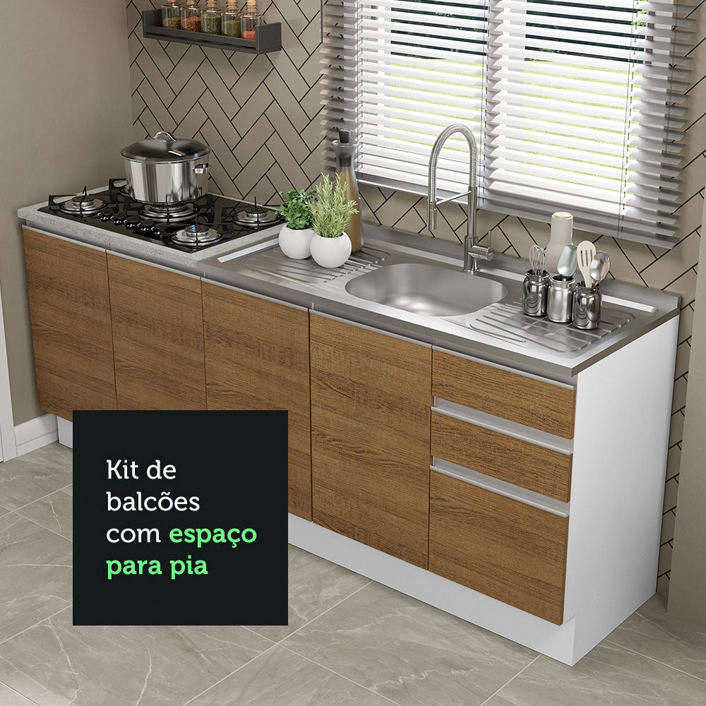 Kit com 2 Balcões de Cozinha Madesa Glamy 4 Portas 3 Gavetas (Sem Tampo e Pia) Branco/Rustic Branco/Rustic