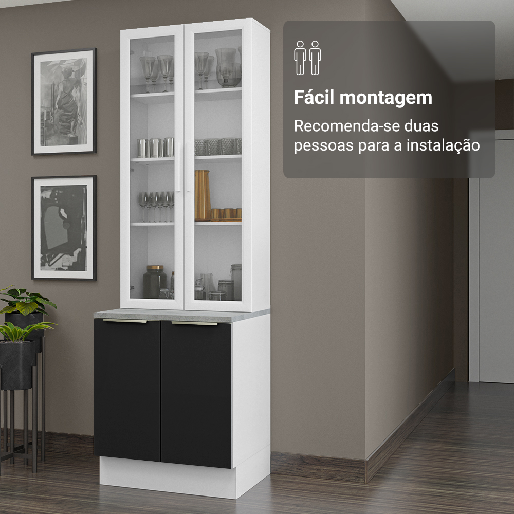 Kit Balcão + Cristaleira 70 x 60 cm Branco/Preto Lux Madesa 01