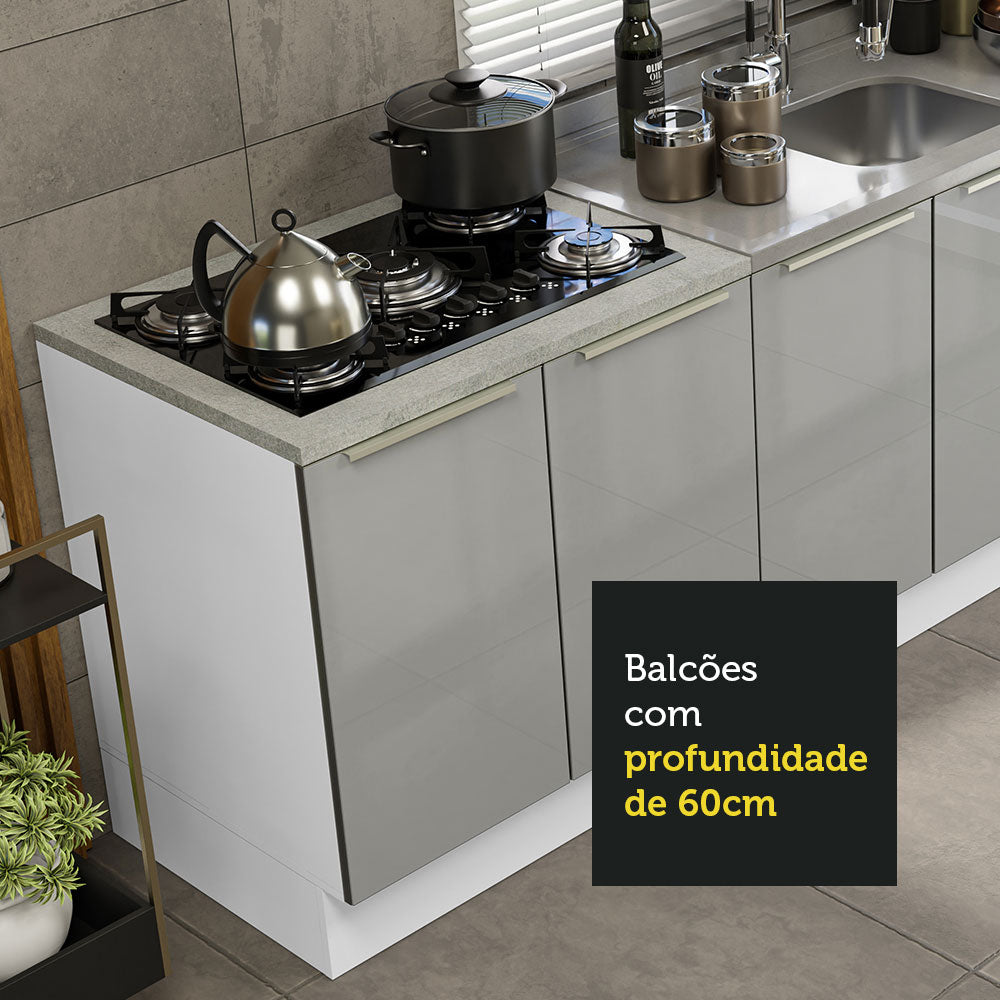 Kit com 2 Balcões de Cozinha 4 Portas 3 Gavetas 200 x 60 cm (Sem Tampo e Pia) Branco/Cinza Lux Madesa