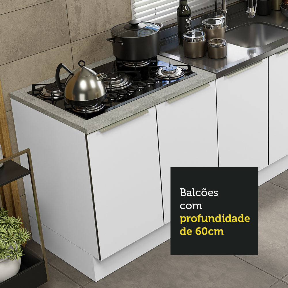 Kit com 2 Balcões de Cozinha 4 Portas 3 Gavetas 200 x 60 cm (Sem Tampo e Pia) Branco/Branco Veludo Lux Madesa