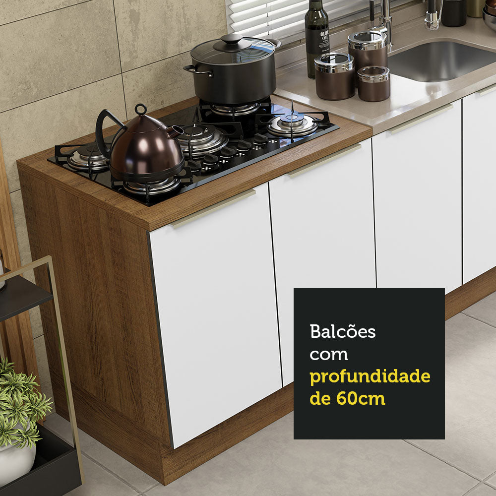 Kit com 2 Balcões de Cozinha 4 Portas 3 Gavetas 200 x 60 cm (Sem Tampo e Pia) Rustic/Branco Veludo Lux Madesa
